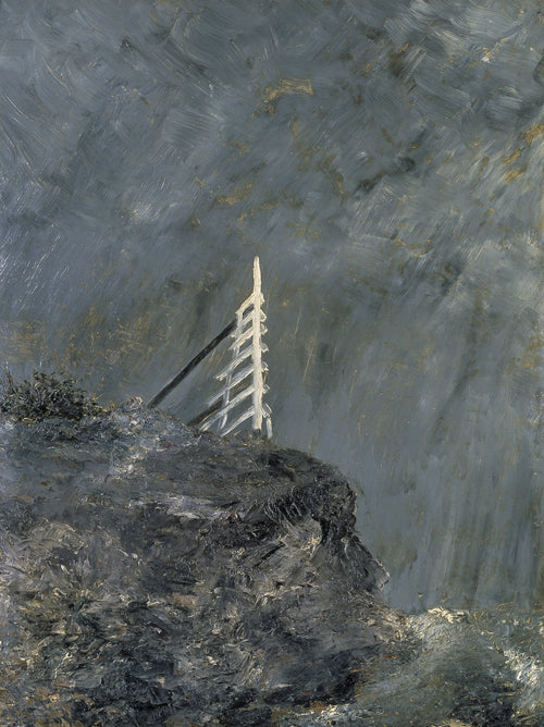 The White Mare by August Strindberg — A white sea marker stands on a dark rock under a stormy sky