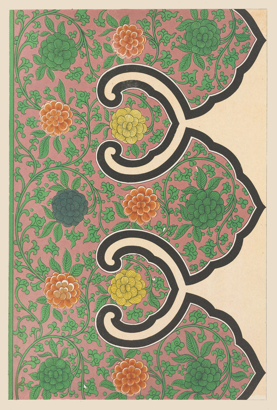 Owen Jones — Chinese Ornament: Orange Rosettes on a Rose Ground | Ornament Plate Print shown to scale on a wall above a sofa