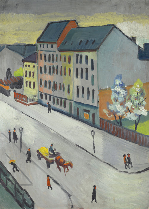 Our Street in Grey by August Macke — Figures cross a wide grey street beneath a blossoming tree