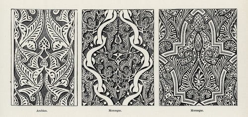 Arabian and Moresque Ornament by Owen Jones — Three arabesque panels cut in cream against hatched black