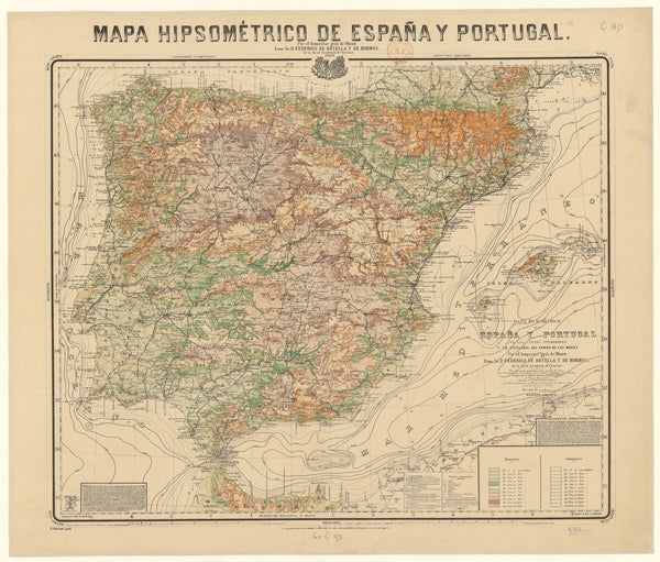Federico de Botella y de Hornos — Mapa hipsométrico de España y Portugal | Lithograph Print