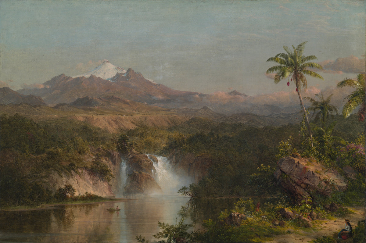 View of Cotopaxi by Frederic Edwin Church — A waterfall drops toward a snow-capped volcano at rest