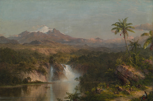 View of Cotopaxi by Frederic Edwin Church — A waterfall drops toward a snow-capped volcano at rest