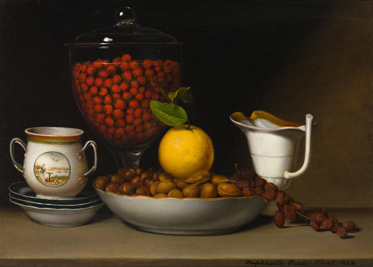 Still Life: Strawberries, Nuts, &c. by Raphaelle Peale — A glass jar of strawberries beside a bowl of nuts