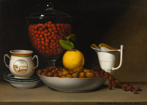 Still Life: Strawberries, Nuts, &c. by Raphaelle Peale — A glass jar of strawberries beside a bowl of nuts