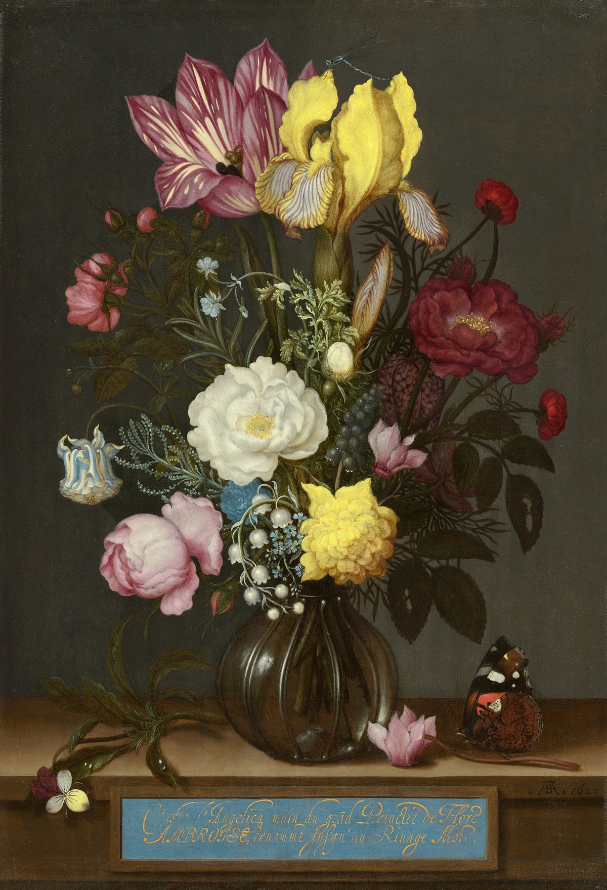 Bouquet of Flowers in a Glass Vase by Jan Davidsz. de Heem — An abundant bouquet of tulips, roses and iris in glass
