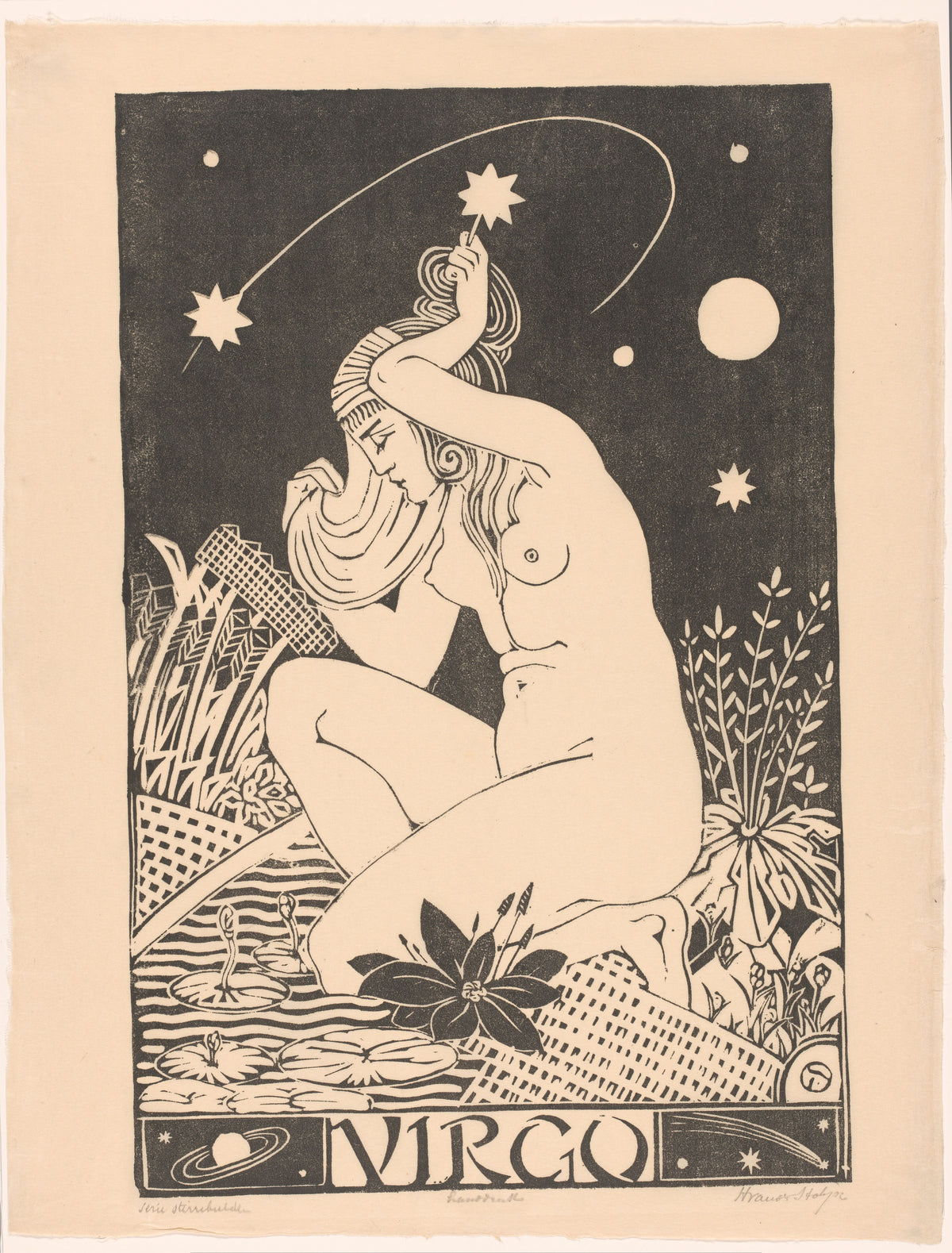 Henri van der Stok — Sterrenbeeld maagd [Zodiac sign Virgo] | Art Deco Woodcut Print