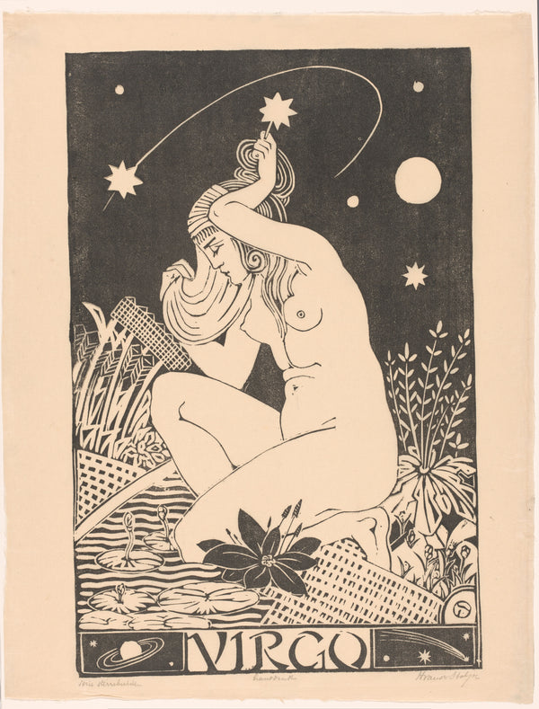 Henri van der Stok — Sterrenbeeld maagd [Zodiac sign Virgo] | Art Deco Woodcut Print