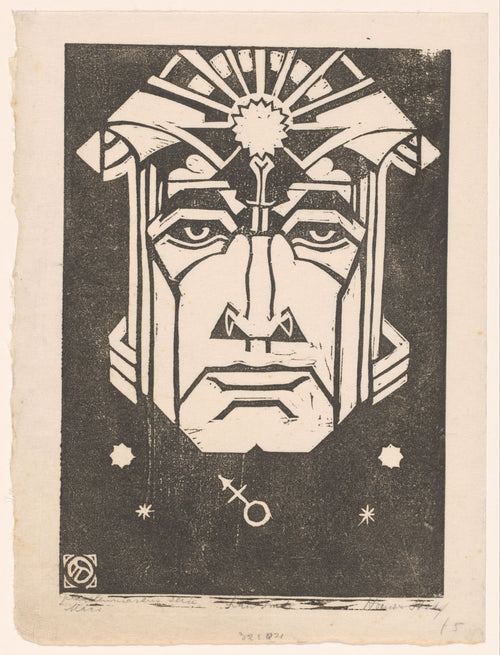 Mars by Henri van der Stok — A stern angular mask crowned with radiating rays represents Mars