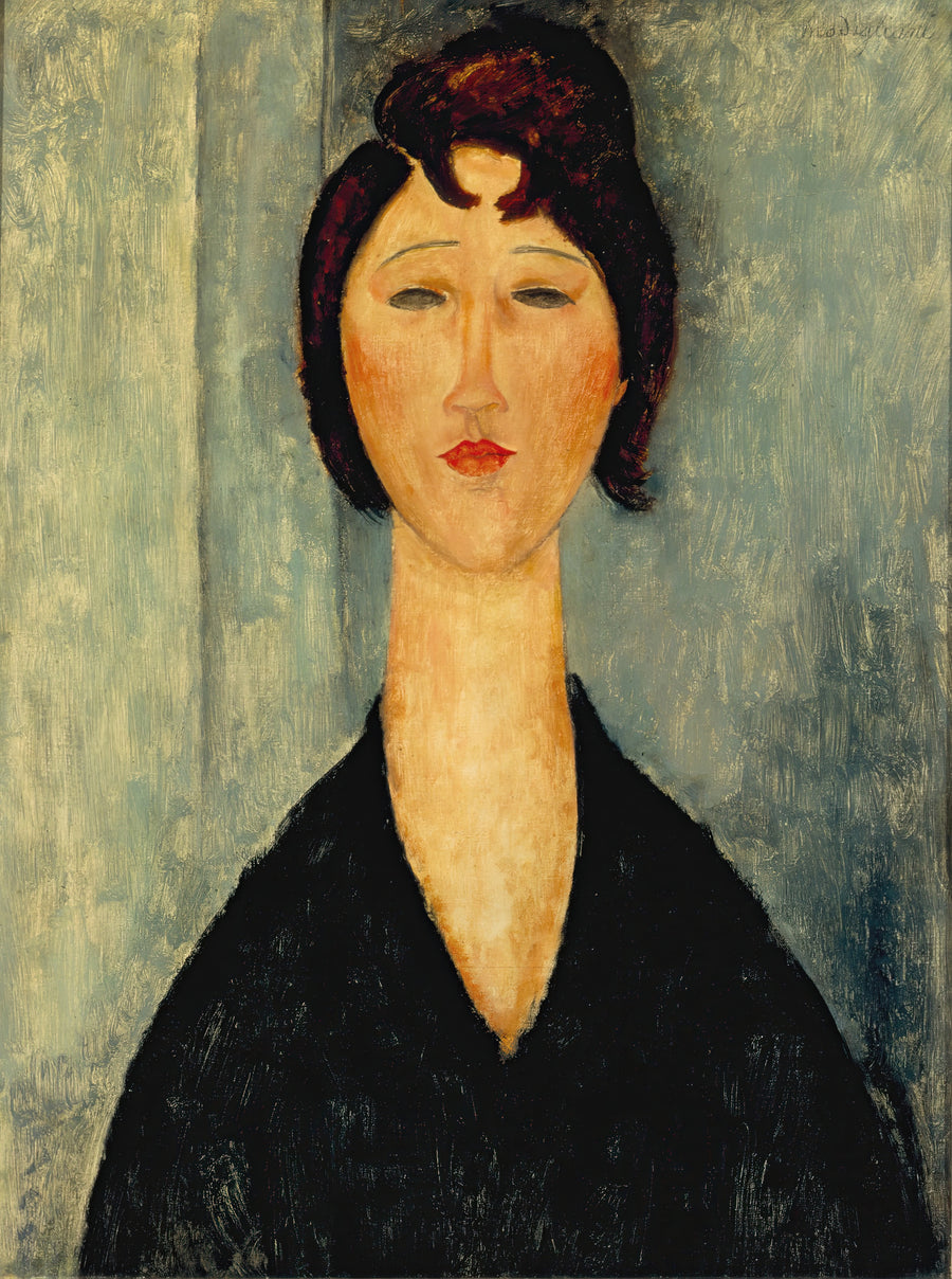 Amedeo Modigliani — Portrait of a Young Woman in Black | Fine Art Print shown to scale on a wall above a sofa