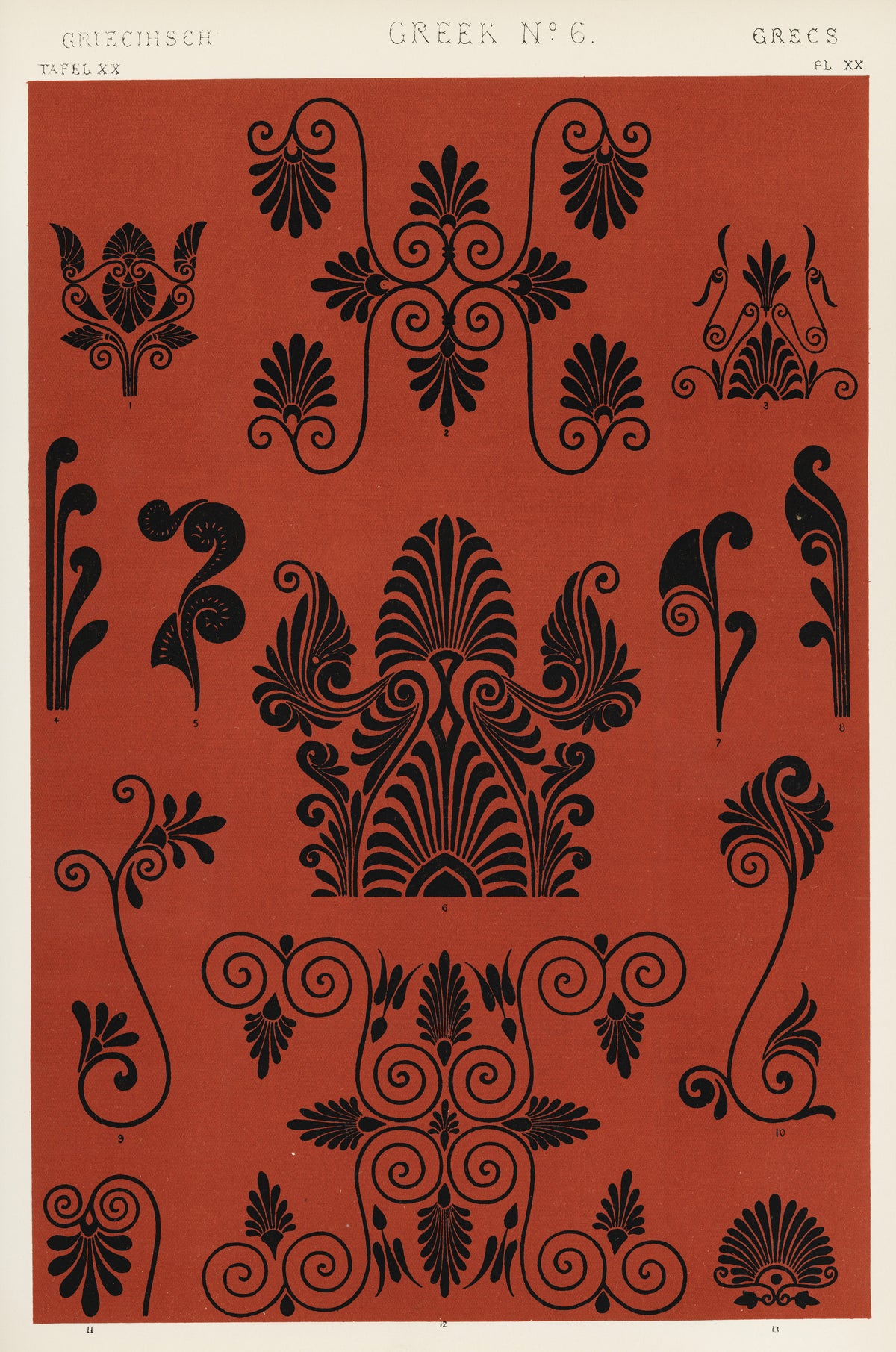 Greek No. 6 by Owen Jones — Black palmettes and scrolling tendrils on a single terracotta field