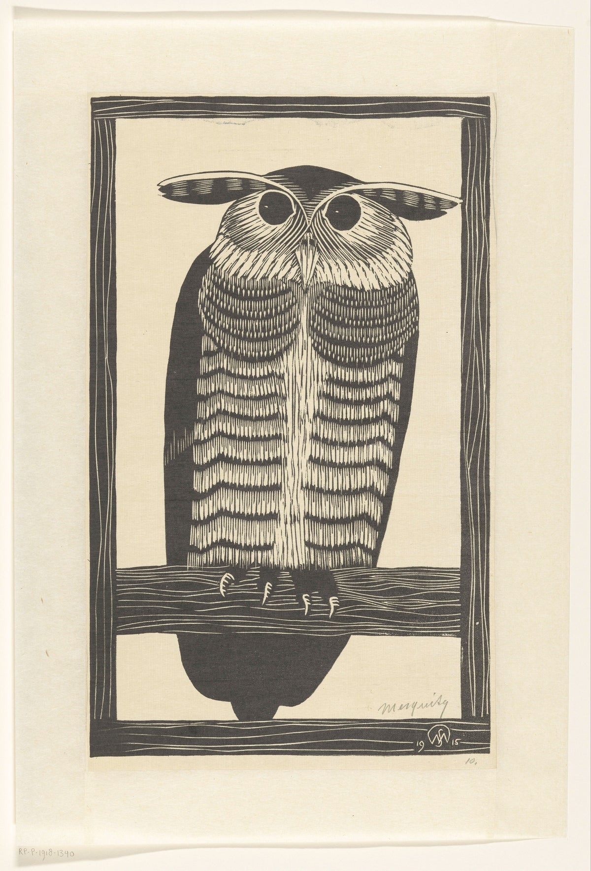 Samuel Jessurun de Mesquita — Hoornuil [Long-eared owl] | Art Deco Woodcut Print