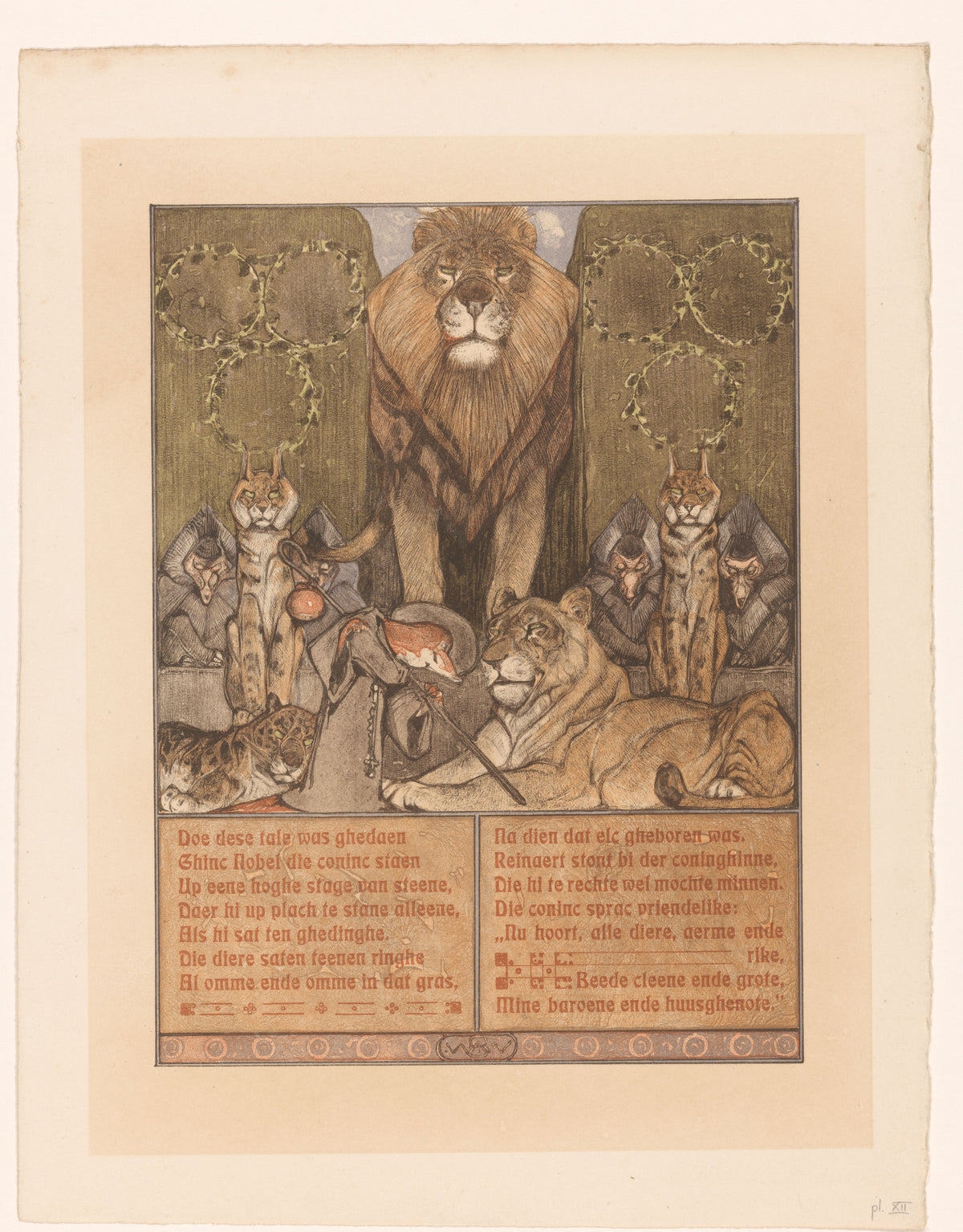Bernard Willem Wierink — Vos in monnikspij (Reinaert) aan voeten van leeuw (Nobel) [Reynard in monk's habit before King Nobel] | Art Nouveau Print