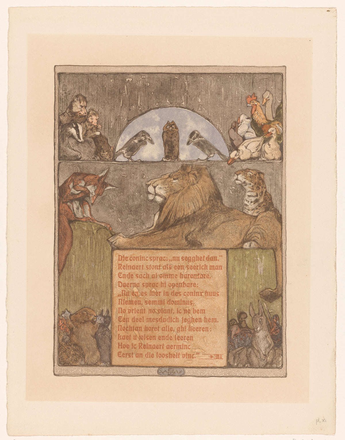 Bernard Willem Wierink — Vos (Reinaert) voor leeuw (Nobel) en andere dieren in tribunaal [Reynard before King Nobel's tribunal] | Art Nouveau Print