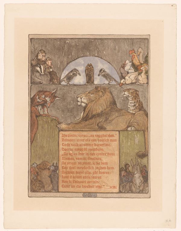 Bernard Willem Wierink — Vos (Reinaert) voor leeuw (Nobel) en andere dieren in tribunaal [Reynard before King Nobel's tribunal] | Art Nouveau Print