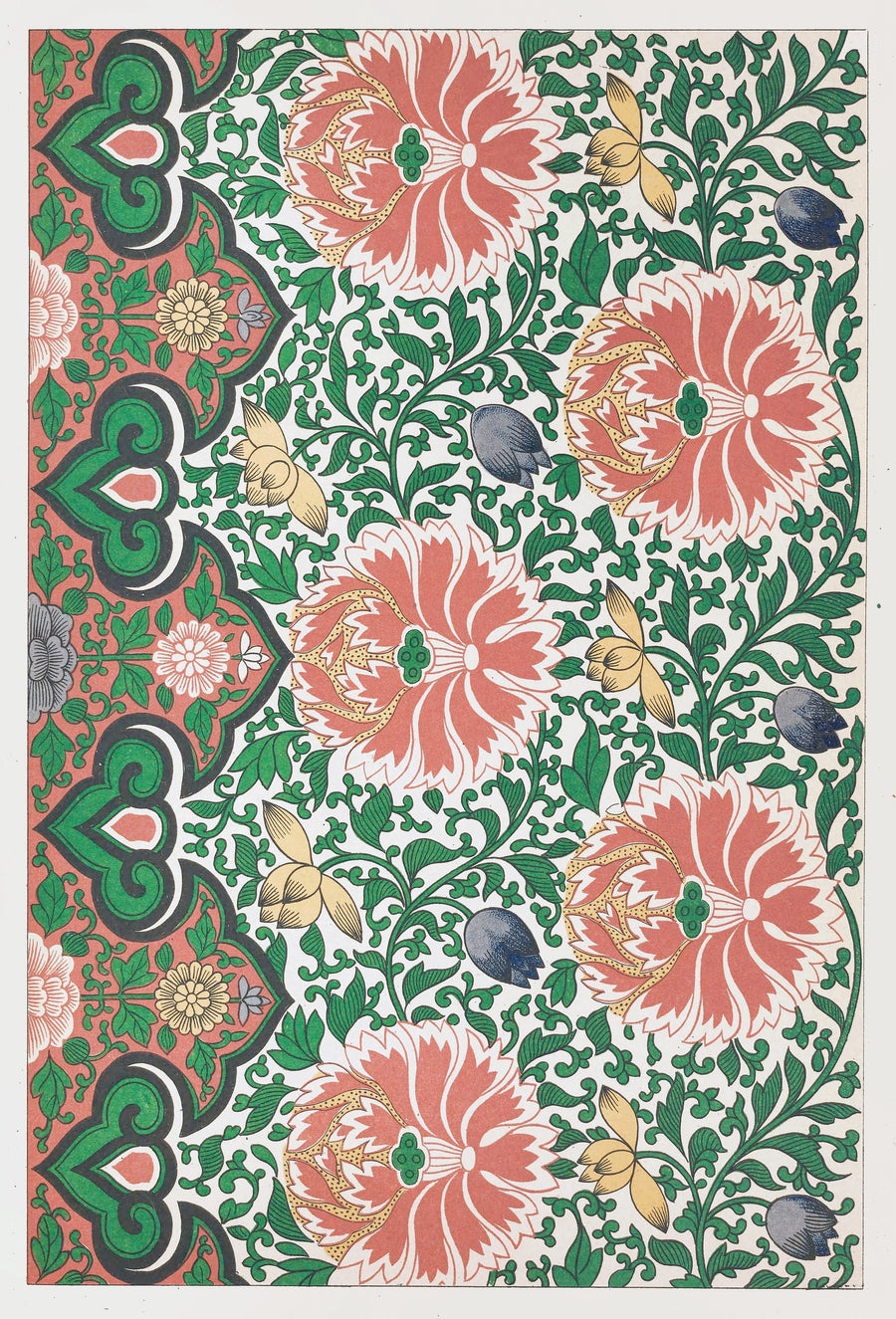 Owen Jones — Chinese Ornament: Coral Peonies on a White Ground | Ornament Plate Print shown to scale on a wall above a sofa