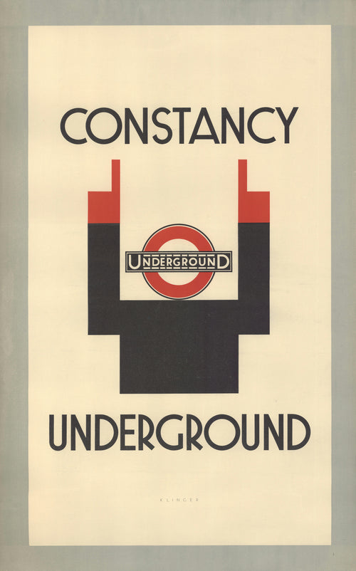 Constancy (London Underground) by Julius Klinger — Bold red and black geometric forms frame the Underground roundel
