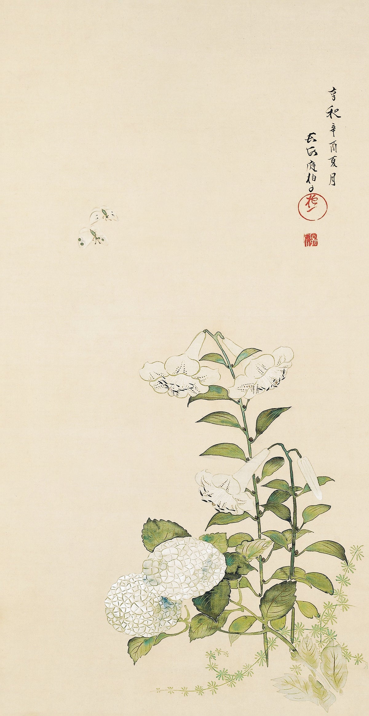 Sakai Hōitsu — Lilies with Hydrangea and Hollyhocks (Single Screen Panel) | Japanese Ink Painting Art Print