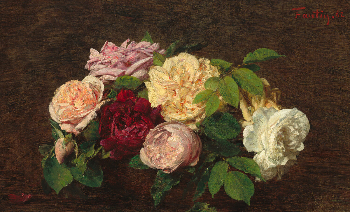 Roses de Nice on a Table by Henri Fantin-Latour — Garden roses in pink, yellow, crimson and white lie on dark wood