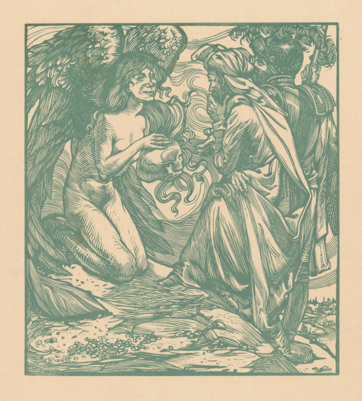 Johannes Josephus Aarts — Engel toont een schedel aan twee mannen [Angel shows a skull to two men] | Art Nouveau Woodcut Print