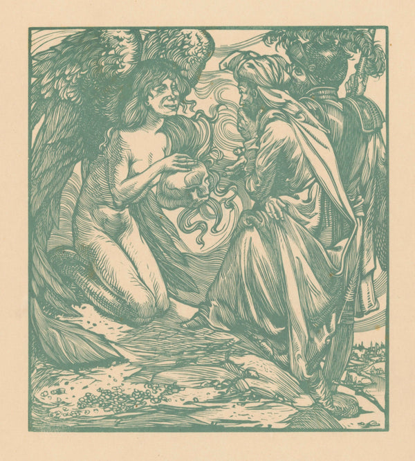 Johannes Josephus Aarts — Engel toont een schedel aan twee mannen [Angel shows a skull to two men] | Art Nouveau Woodcut Print