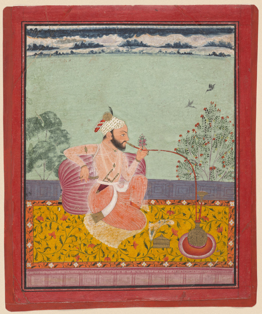 Kota school — A Raja Smoking a Hookah | Indian Miniature Painting Print shown to scale on a wall above a sofa