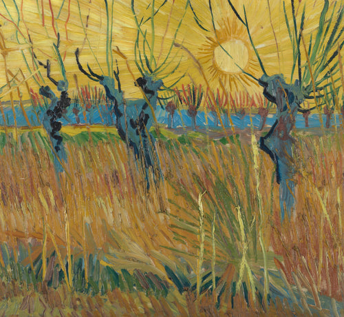 Pollard Willows at Sunset by Vincent van Gogh — Four pollarded willows stand black against a blazing golden sun