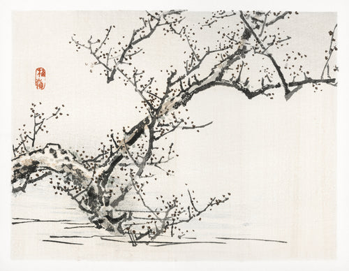 Tree against the backdrop of water by Kōno Bairei — A gnarled tree bends low over a still shoreline