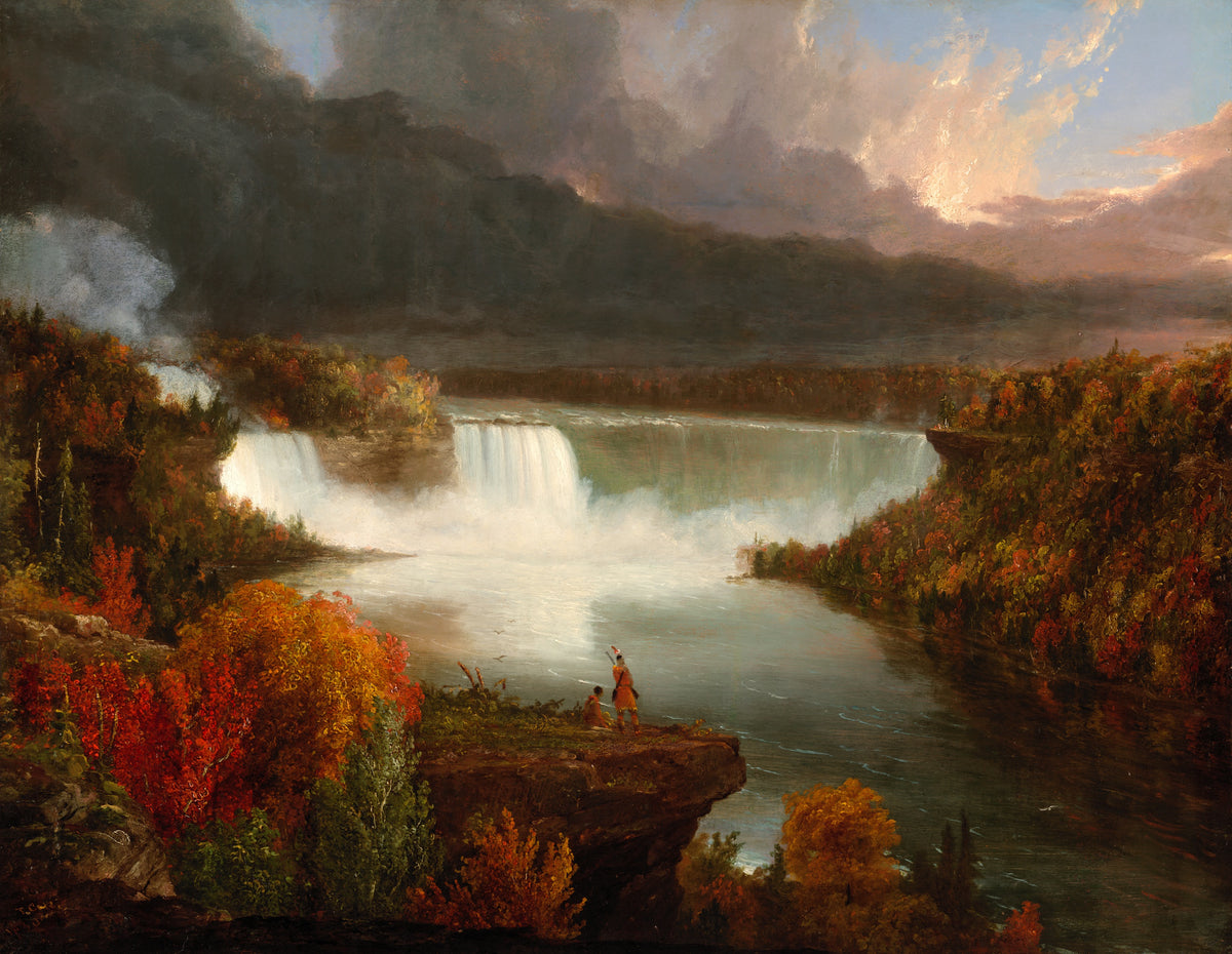 Distant View of Niagara Falls by Thomas Cole — Two figures look out over Niagara Falls in autumn colour