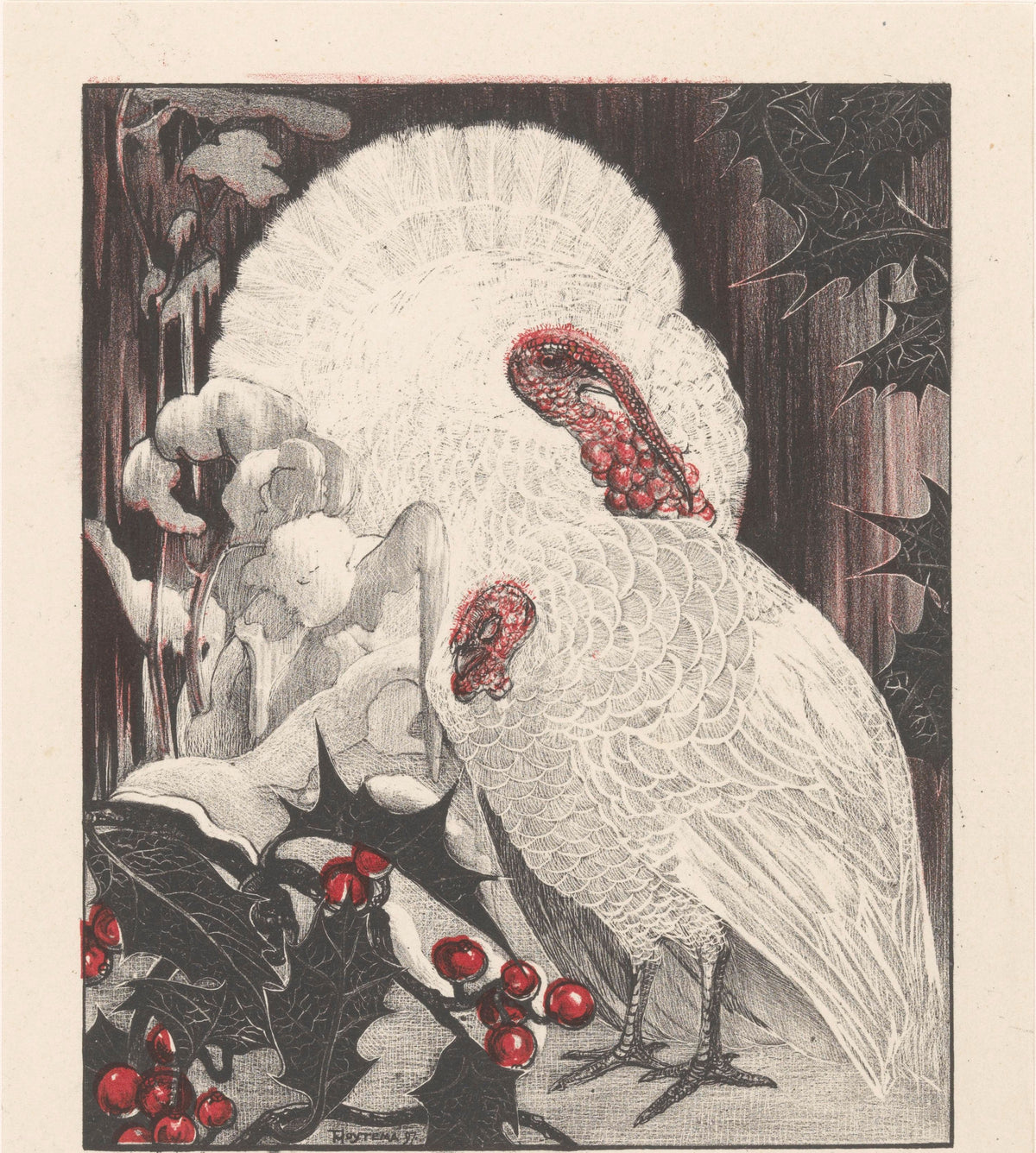 Theo van Hoytema — Two White Turkeys with Holly Branches in the Snow | Art Nouveau Print