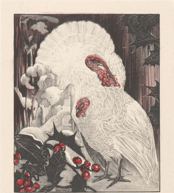 Theo van Hoytema — Two White Turkeys with Holly Branches in the Snow | Art Nouveau Print