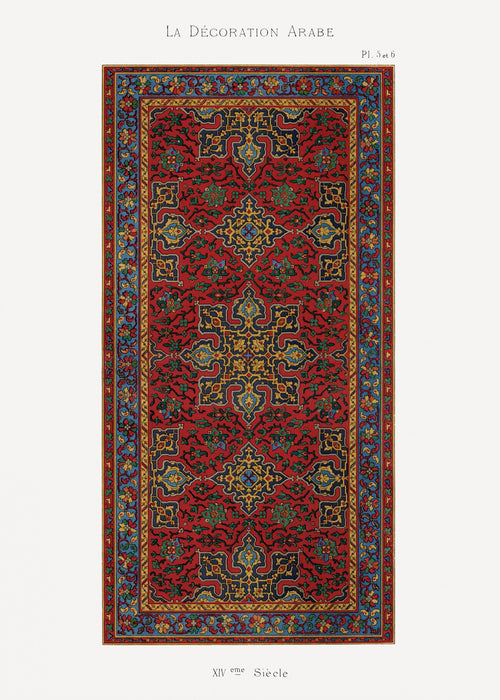 La Décoration Arabe, Plates 5 and 6 by Émile Prisse d'Avennes — A crimson carpet field with gold star medallions and a blue border