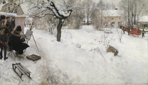 Open-Air Painter. Winter-Motif from Åsögatan 145, Stockholm by Carl Larsson — A painter in furs works at his easel in a snowbound garden