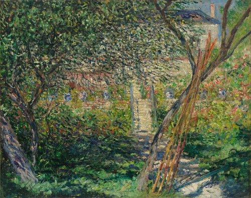 Garden at Vétheuil by Claude Monet — Tall rust-orange canes lean across a garden path toward a white house