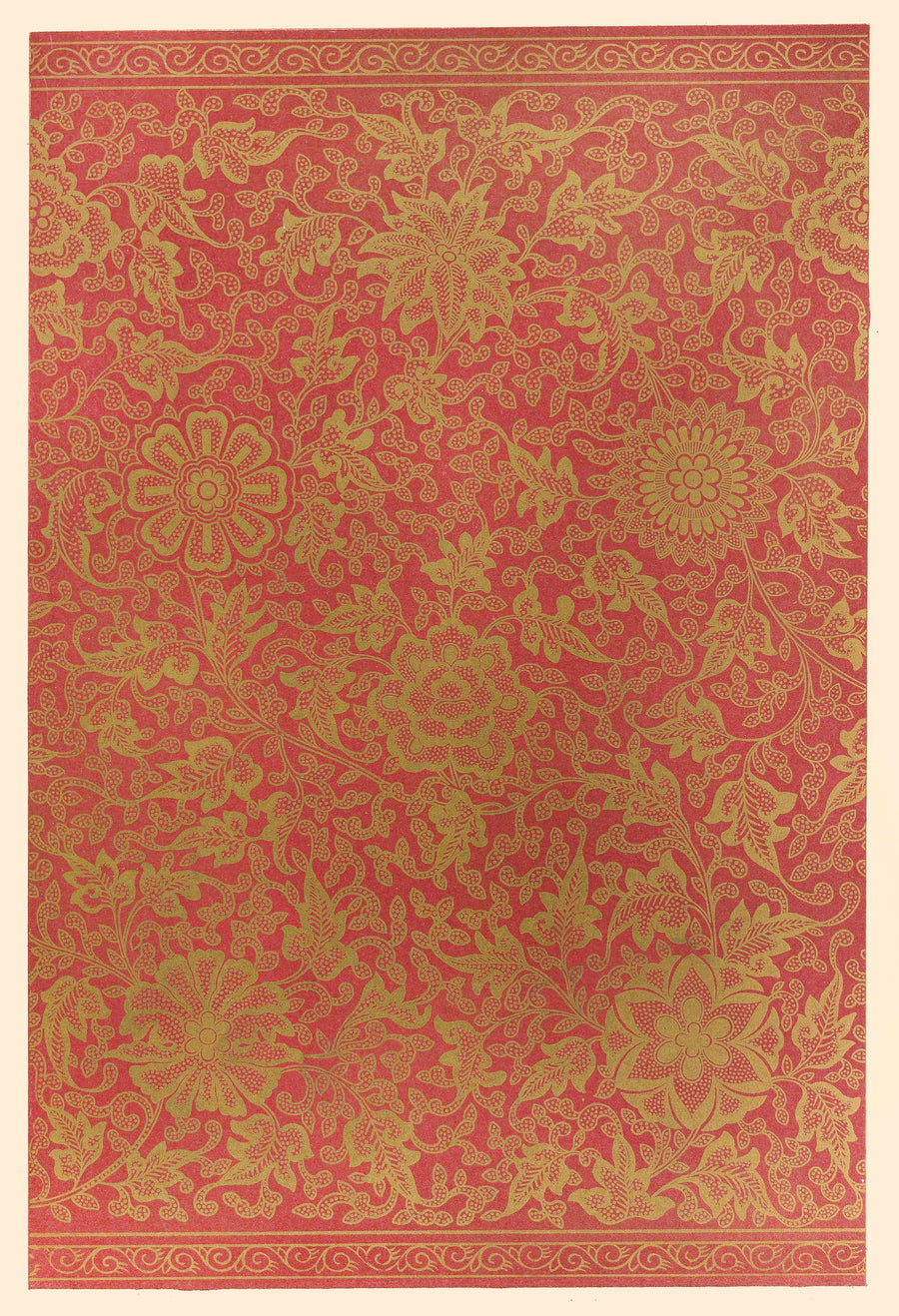 Owen Jones — Chinese Ornament: Gold Scrollwork on Crimson | Ornament Plate Print shown to scale on a wall above a sofa