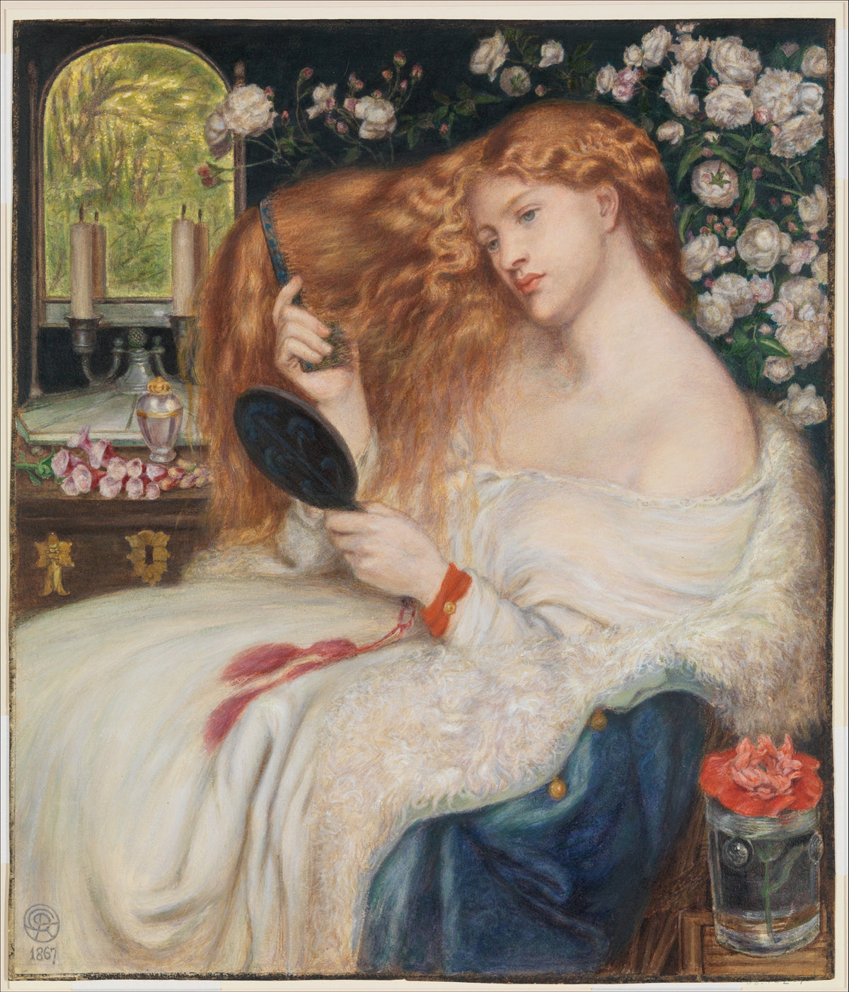 Lady Lilith by Dante Gabriel Rossetti — A woman combs her hair before roses and candlelight