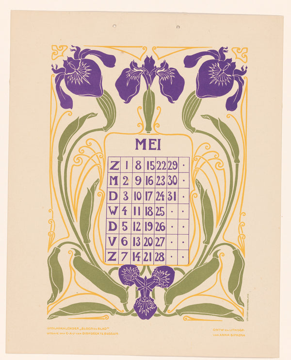 Anna Sipkema — Kalenderblad mei met irissen [Calendar sheet May with irises] | Art Nouveau Print