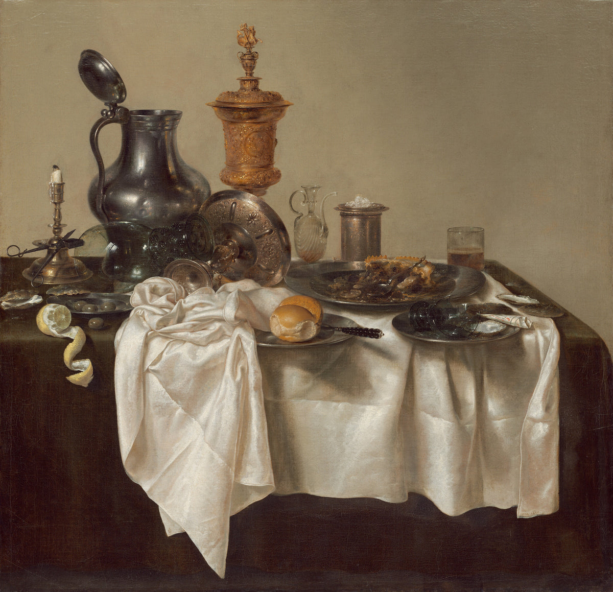 Banquet Piece with Mince Pie by Willem Claesz. Heda — A rumpled white cloth and a pewter feast, half cleared away