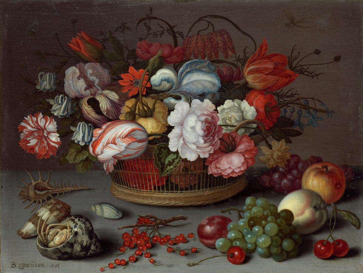 Basket of Flowers by Balthasar van der Ast — A basket of tulips and roses shares a ledge with shells and fruit