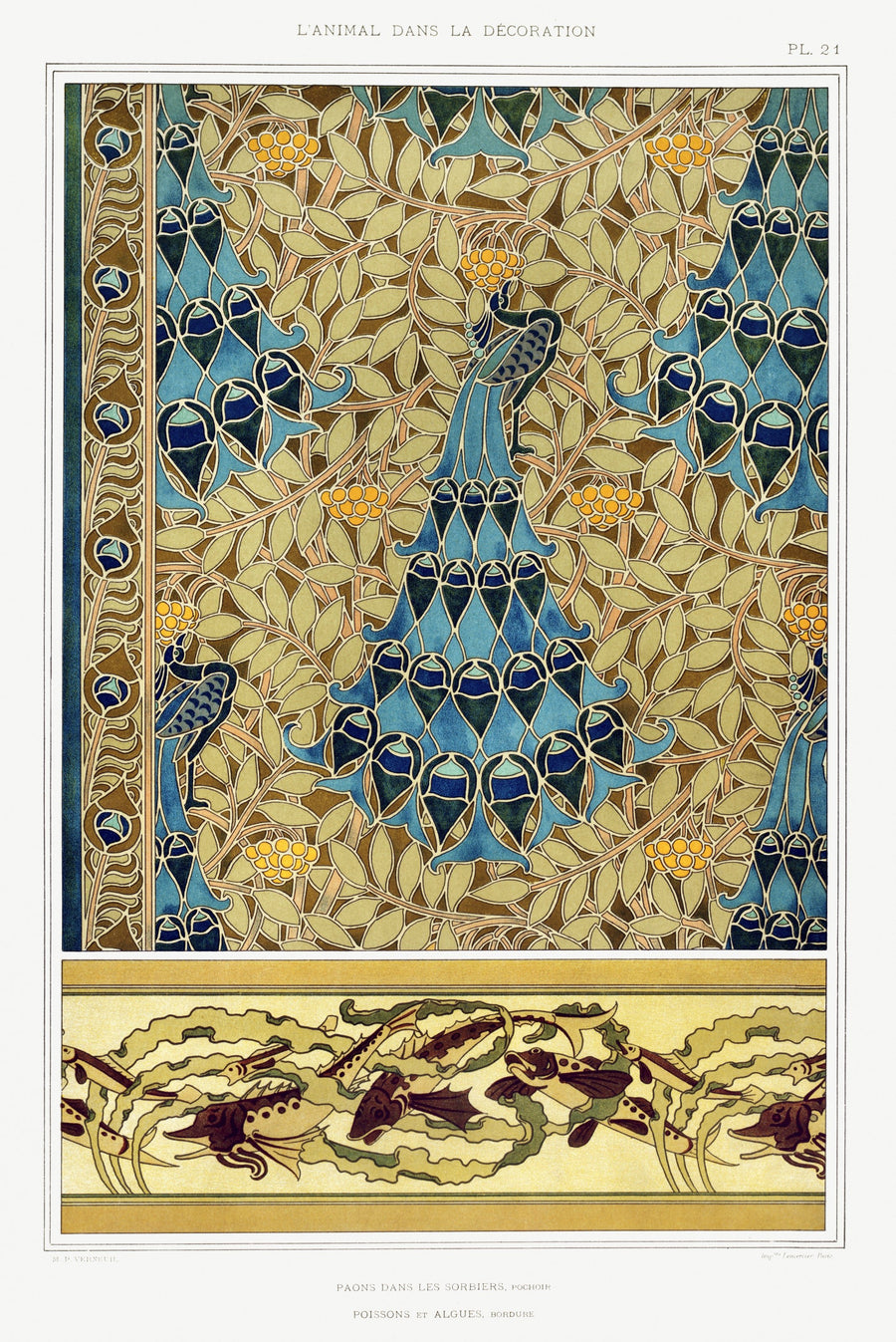 Maurice Pillard Verneuil — Paons dans les Sorbiers (Peacocks in the Rowans), Plate 21 | Ornament Plate Print shown to scale on a wall above a sofa
