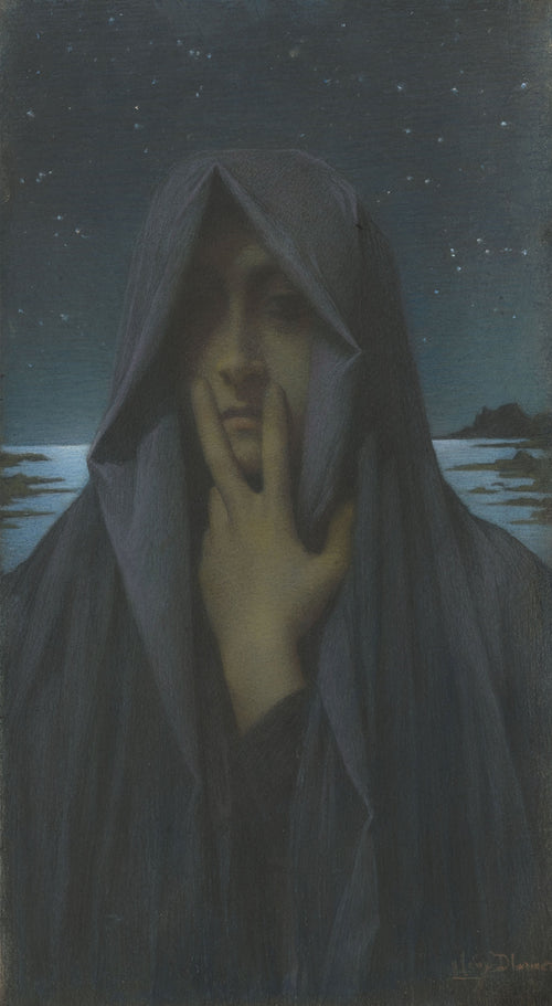 Silence (Le Silence) by Lucien Lévy-Dhurmer — A hooded figure raises a hand to her lips at night