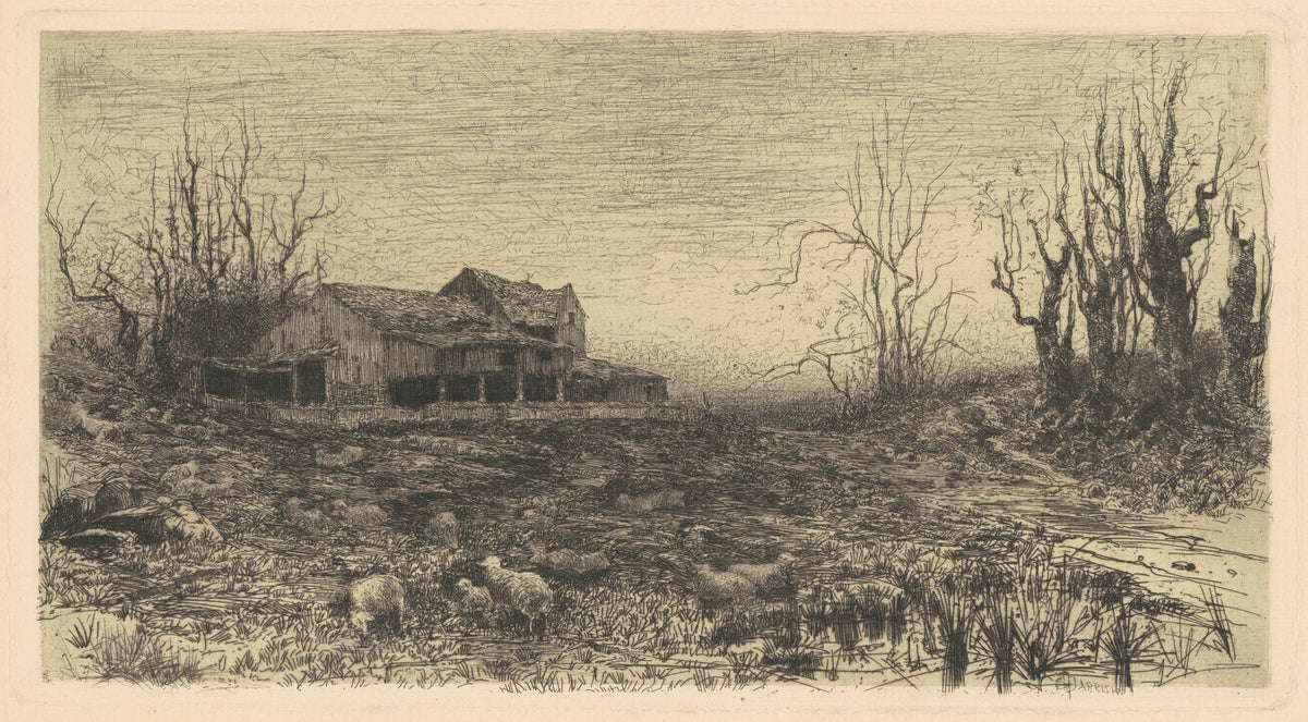 November by Stephen Parrish — Sheep graze before a weathered farmhouse in bare late-autumn trees