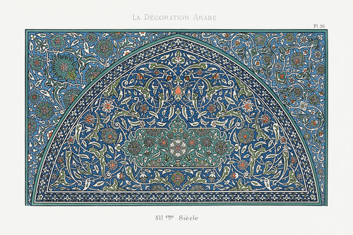 La Décoration Arabe, Plate 30 by Émile Prisse d'Avennes — A pointed arch of white vine and coral blossom on cobalt tilework