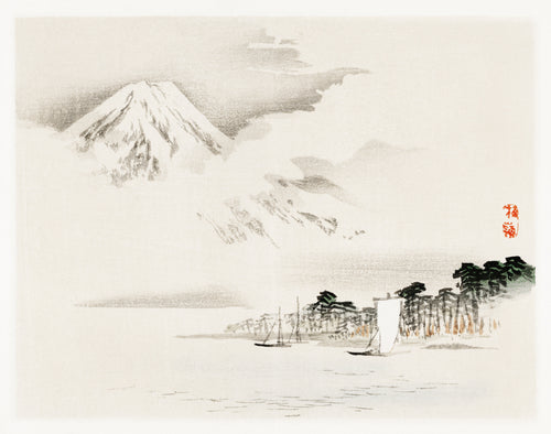 View of Mount Fuji by Kōno Bairei — Snow-capped Fuji rises above a misty shoreline of pines