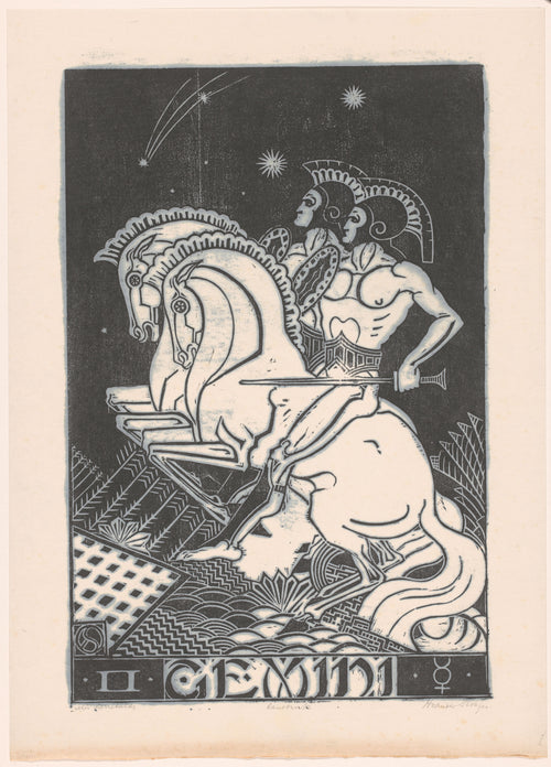 Sterrenbeeld tweelingen [Zodiac sign Gemini] by Henri van der Stok — Two helmeted twins on horseback ride beneath a shooting star
