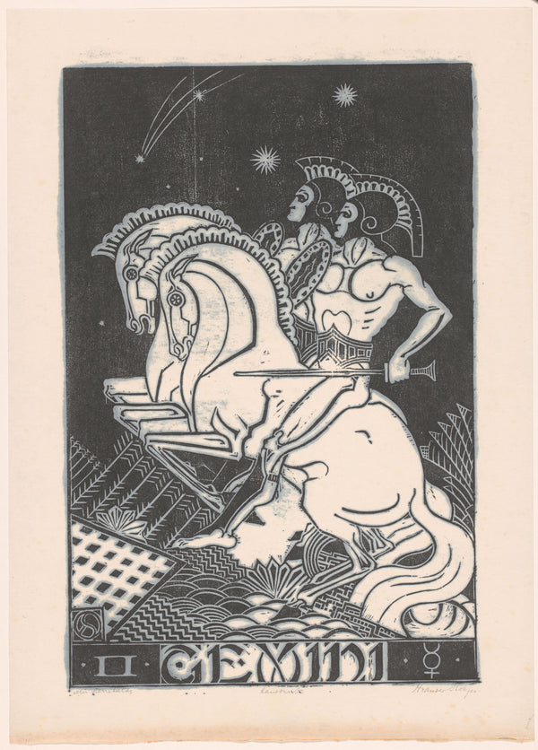 Henri van der Stok — Sterrenbeeld tweelingen [Zodiac sign Gemini] | Art Deco Woodcut Print