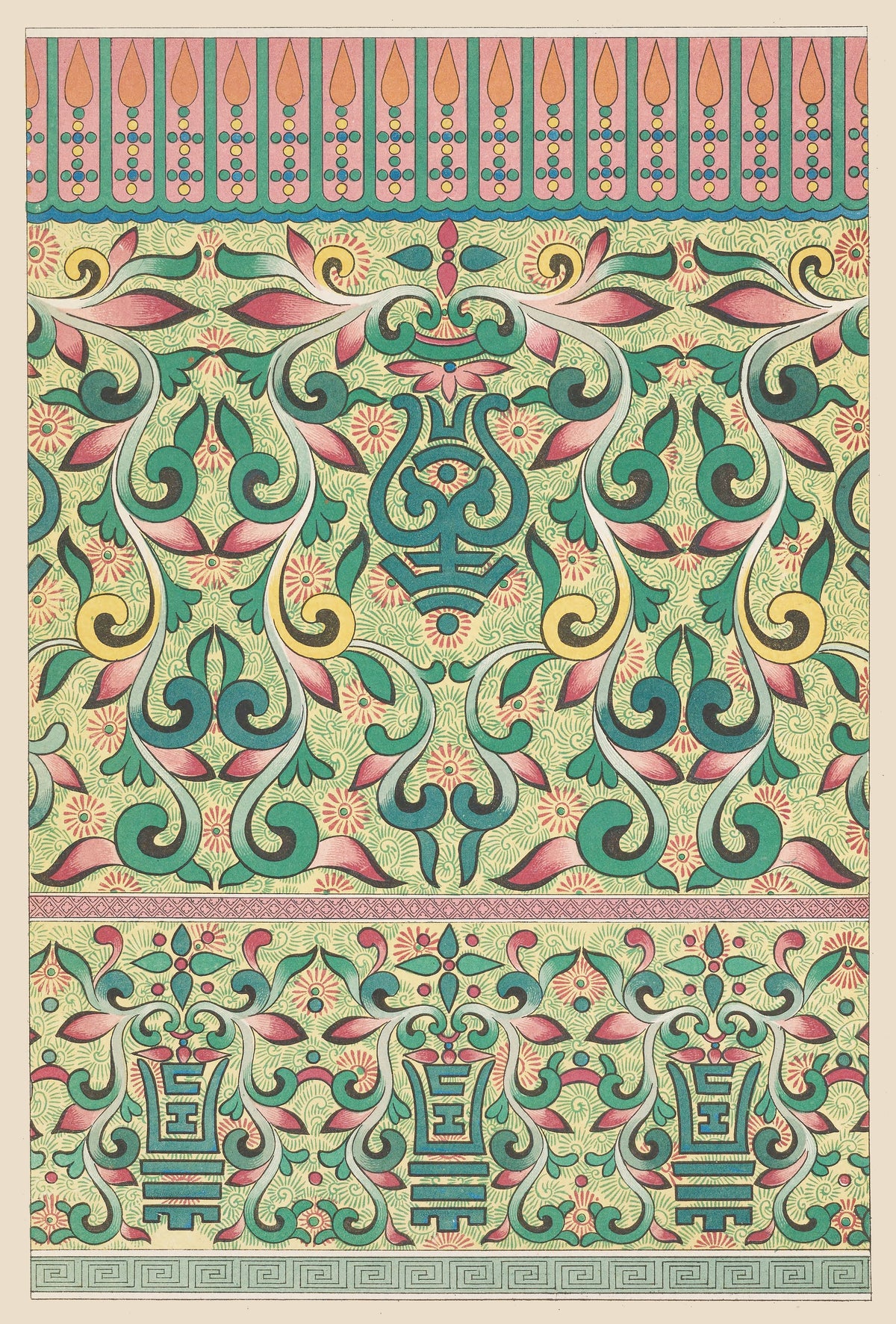 Owen Jones — Chinese Ornament: Archaic Motifs in Green and Rose | Ornament Plate Print