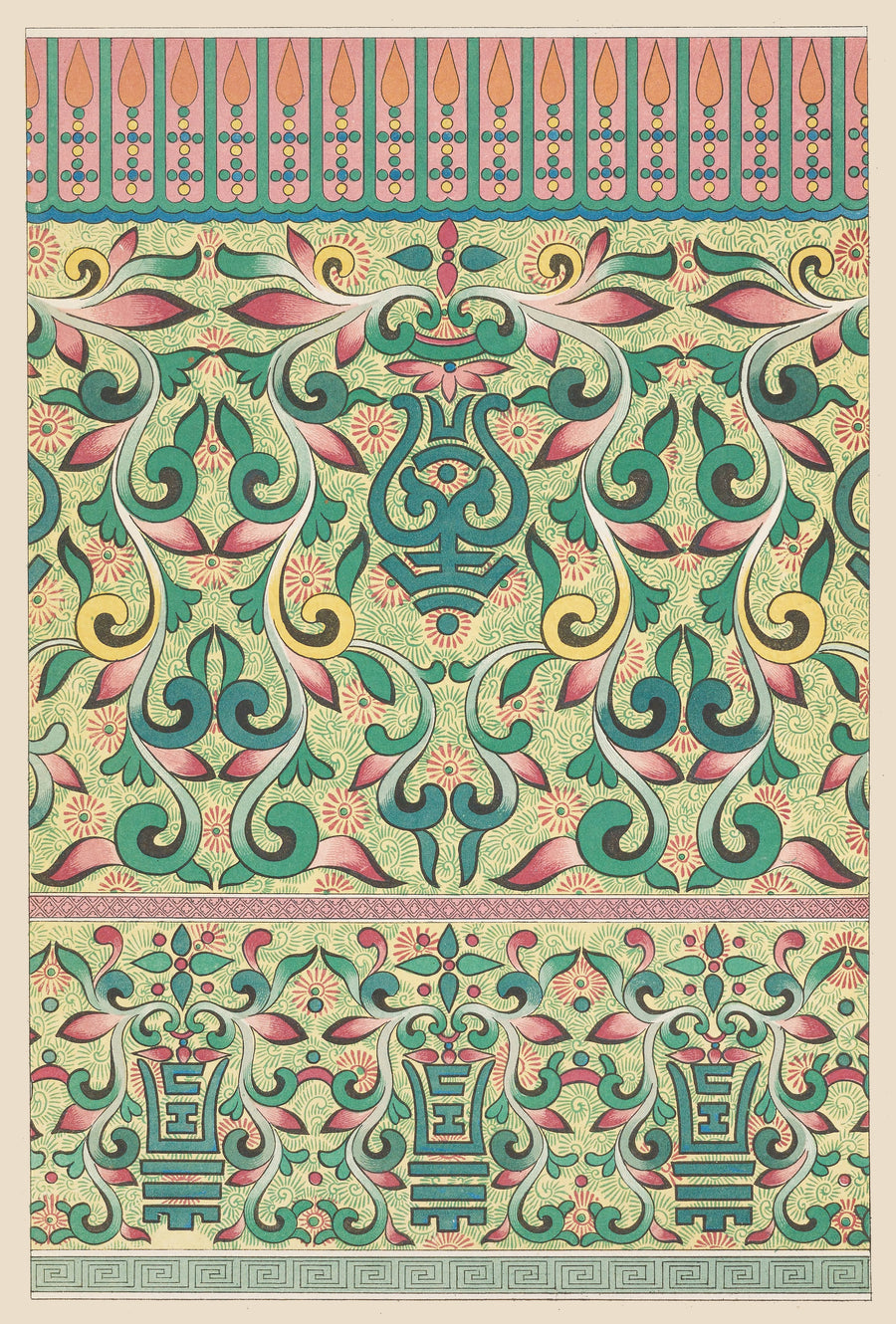 Owen Jones — Chinese Ornament: Archaic Motifs in Green and Rose | Ornament Plate Print shown to scale on a wall above a sofa