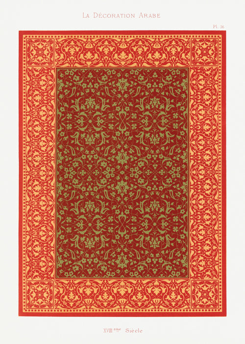 Plate 56, La Décoration Arabe by Émile Prisse d'Avennes — A dense green and gold diaper pattern fills a red border