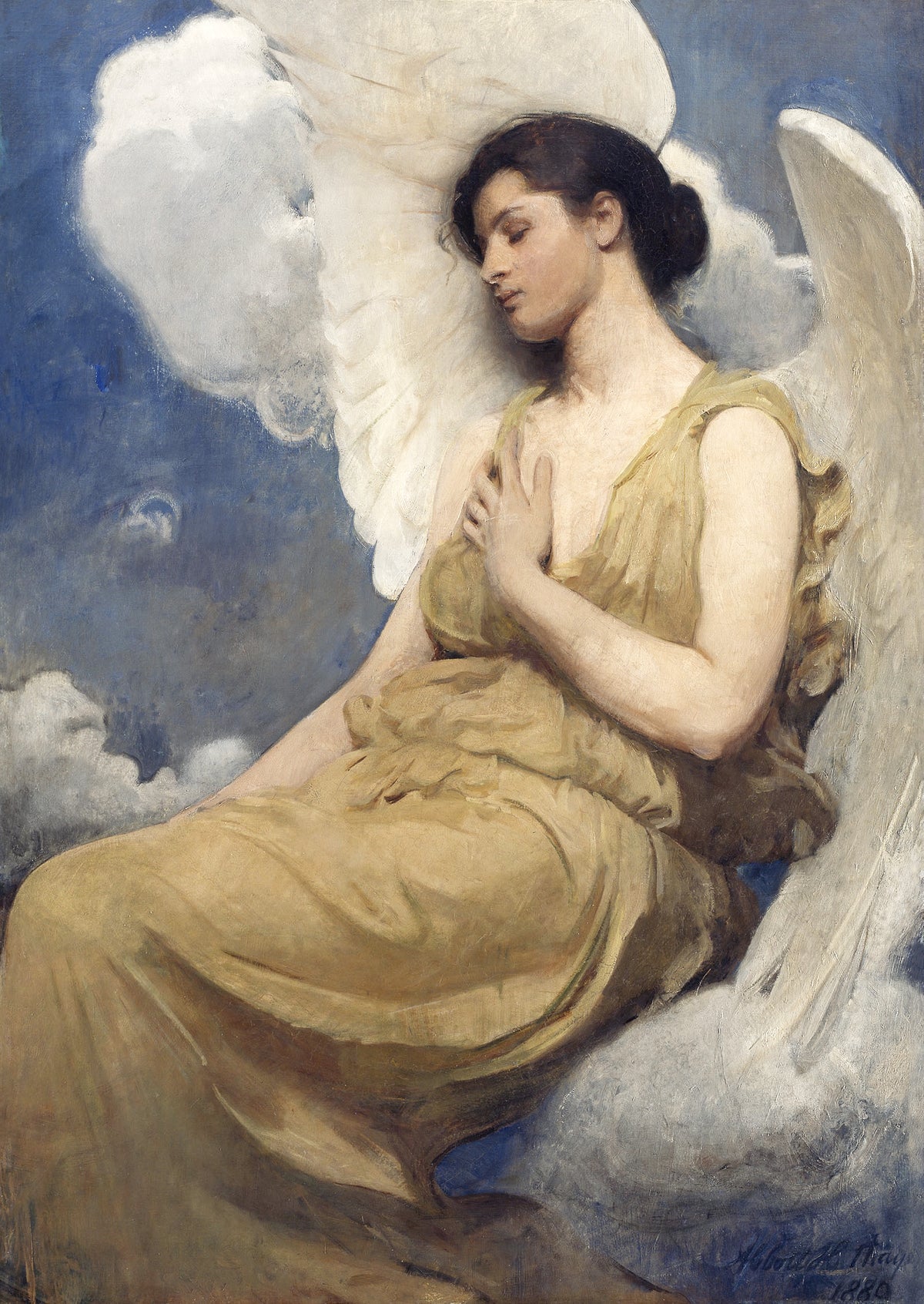 Winged Figure by Abbott Handerson Thayer — A winged woman rests among clouds in golden drapery